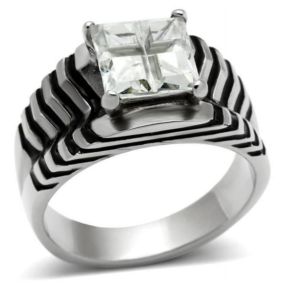Women High Polished Stainless Steel Ring with AAA Grade CZ in Clear - Size 9