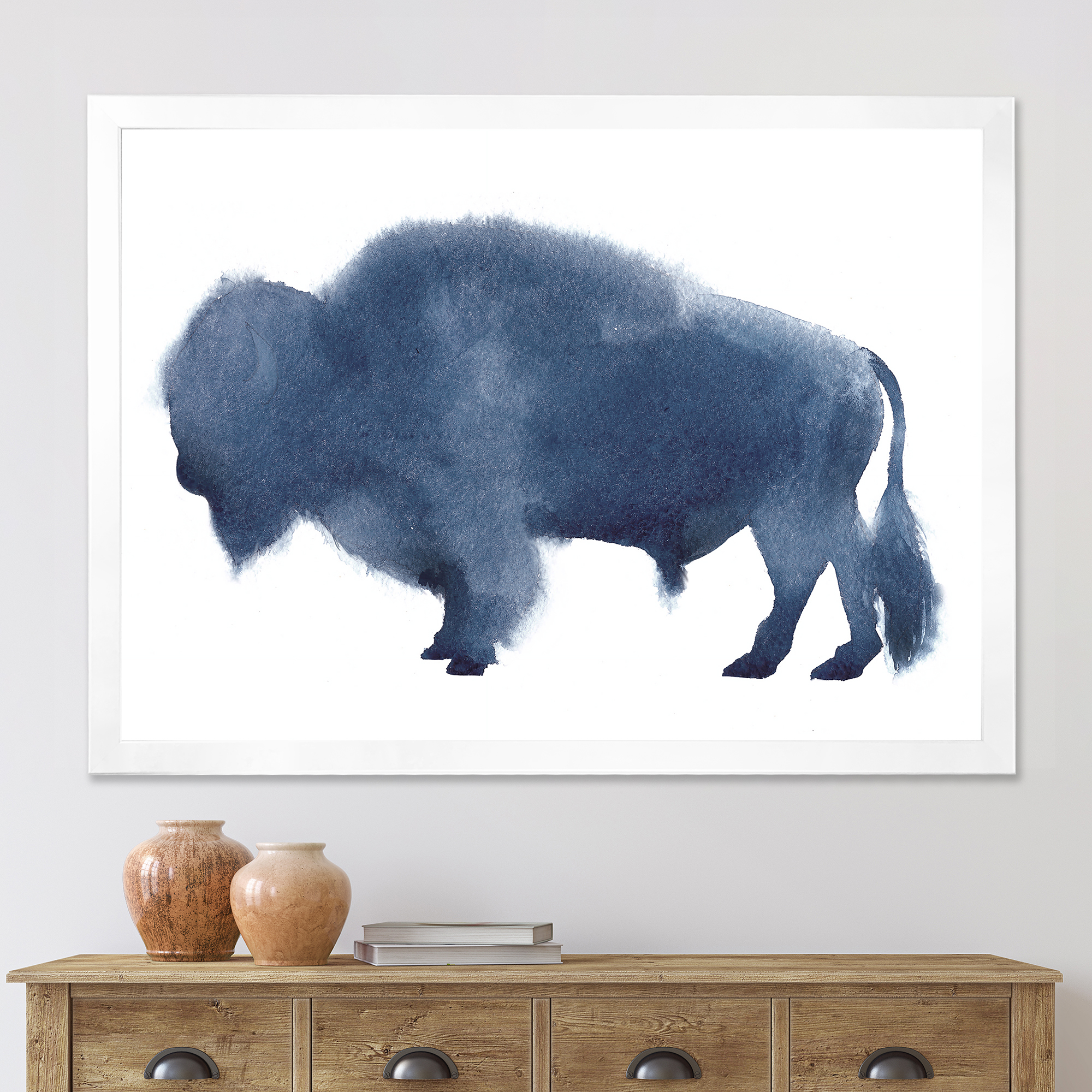 Designart 'Navy Blue Bison Silhouette On White' Farmhouse Framed Art Print