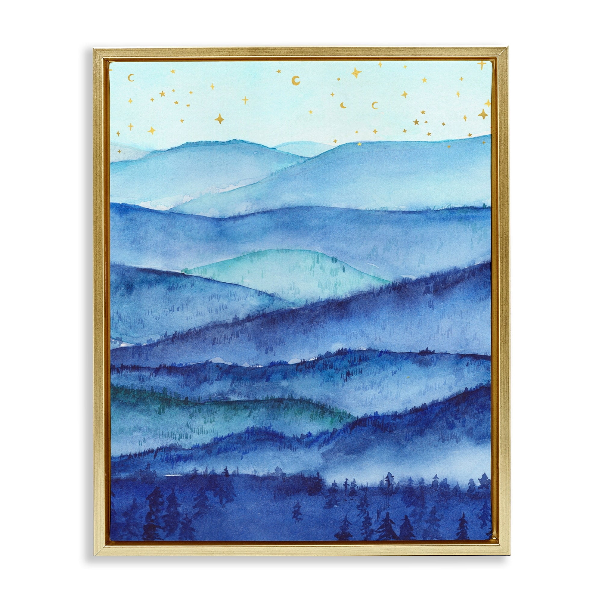 Stupell Industries Blue Mountains Trees Scenery Shining Stars Sky Painting Metallic Gold Floating Framed Canvas Print Wall Art, Design by Arrolynn Weiderhold