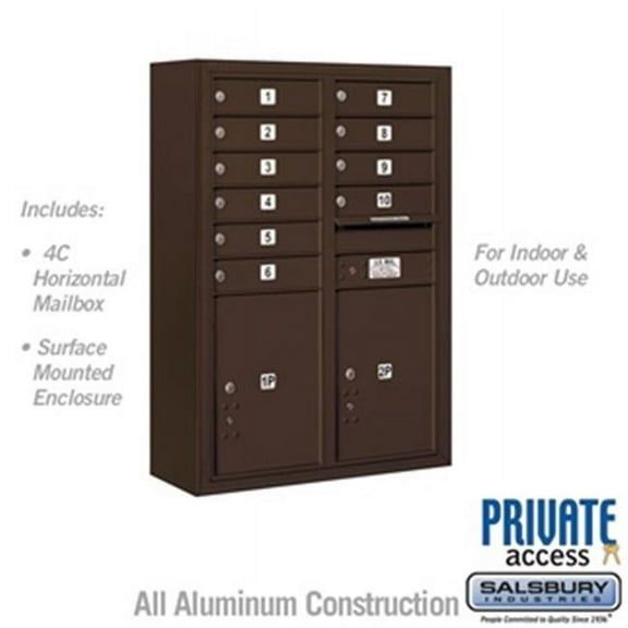 11 Door High Surface Mounted 4C Horizontal Mailbox with 10 Doors and 2 Parcel Lockers in Bronze with Private Access