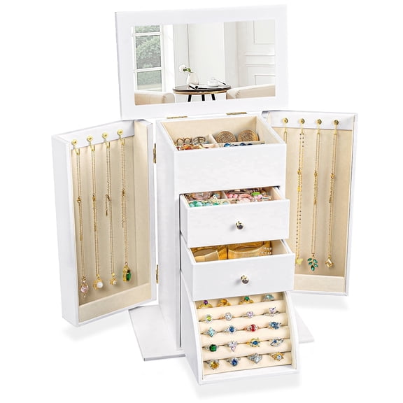Sfugno Jewelry Box, 4 Layer Leather Jewelry Boxes for Women, Jewelry Organizer Box Display for Rings Earrings Necklaces Bracelets,White