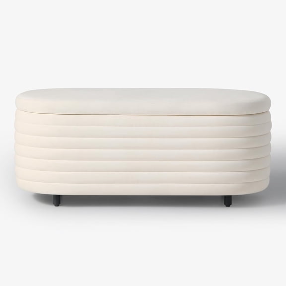 WestinTrends 42" Wide Mid-Century Modern Upholstered Velvet Tufted Oval Storage Ottoman , Ivory