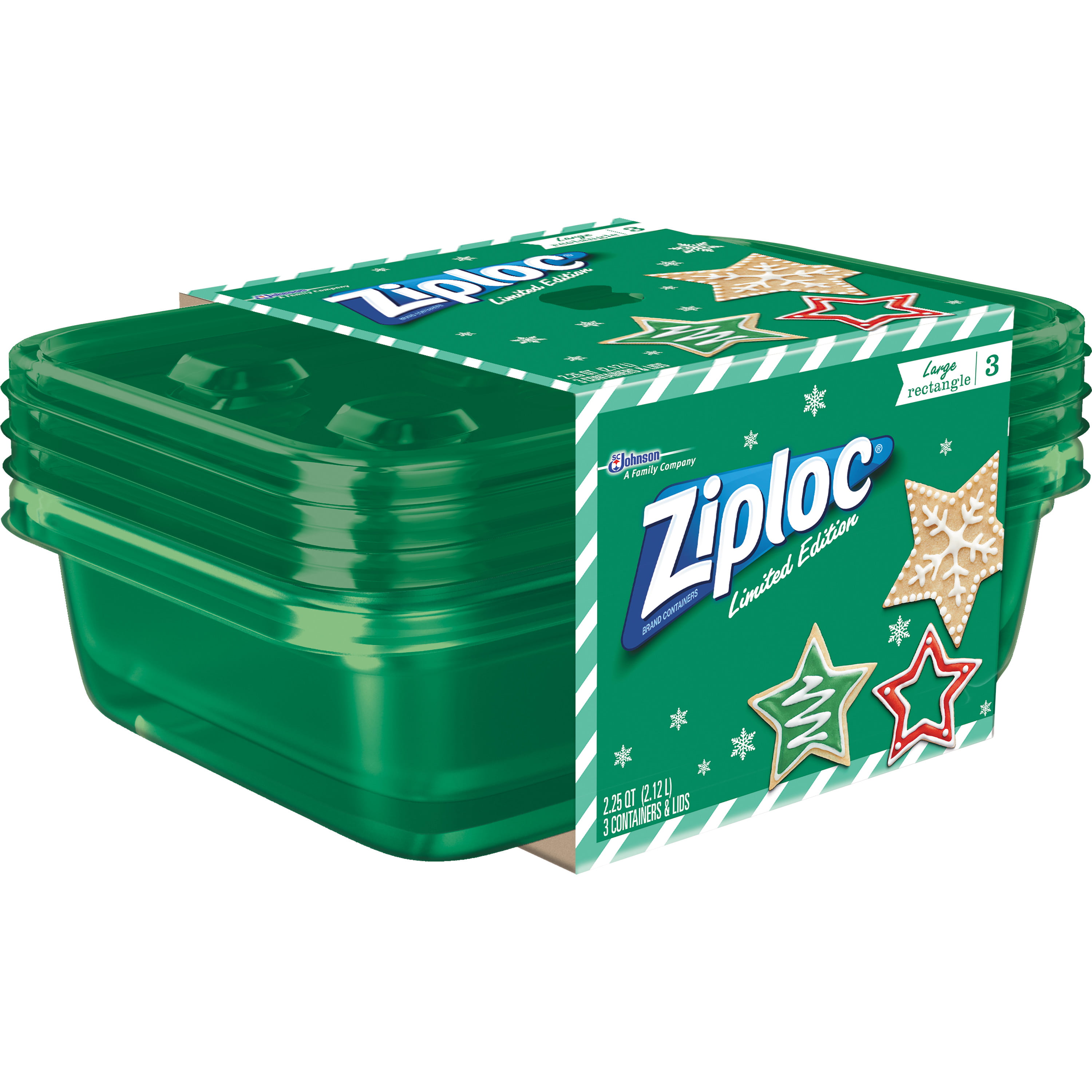 Ziploc Food Storage Containers, Deep Rectangle, Holiday Green, 2 containers  + lids, Plastic Containers