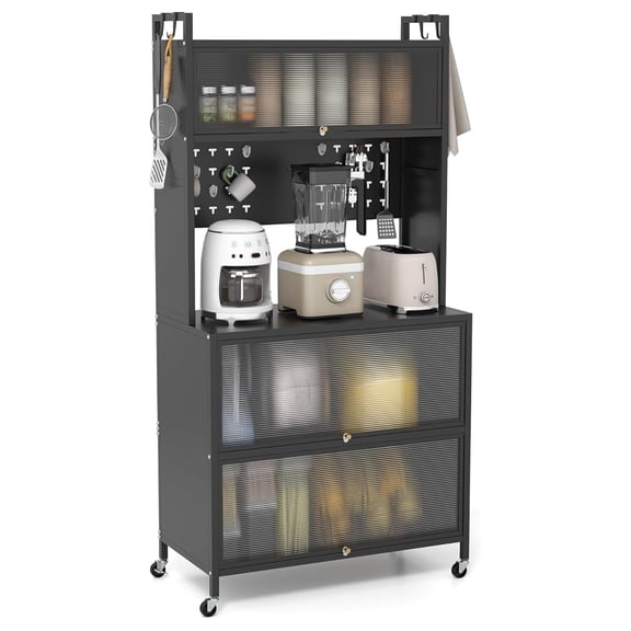 5 Tier Rolling Kitchen Bakers Rack with Wheels, Microwave Stand with Door Storage Cabinets, Pegboard & , Adjustable Foot Pads, Standing Pantry for Home Coffee Bar (Black)