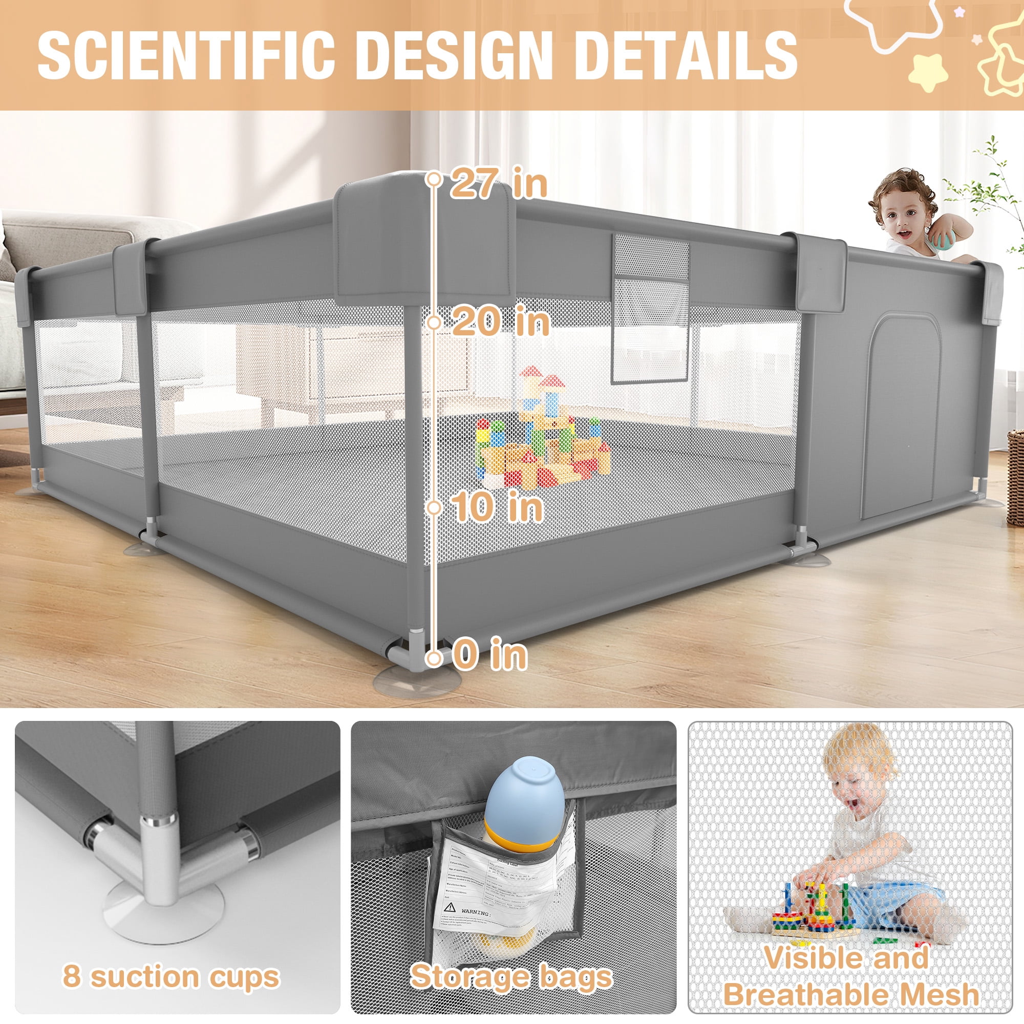 Babyeap Baby Playpen With Mat,50"x50"Play Pen for Babies and Toddlers,Play Yard With Gate for Indoor Outdoor,Dark Gray