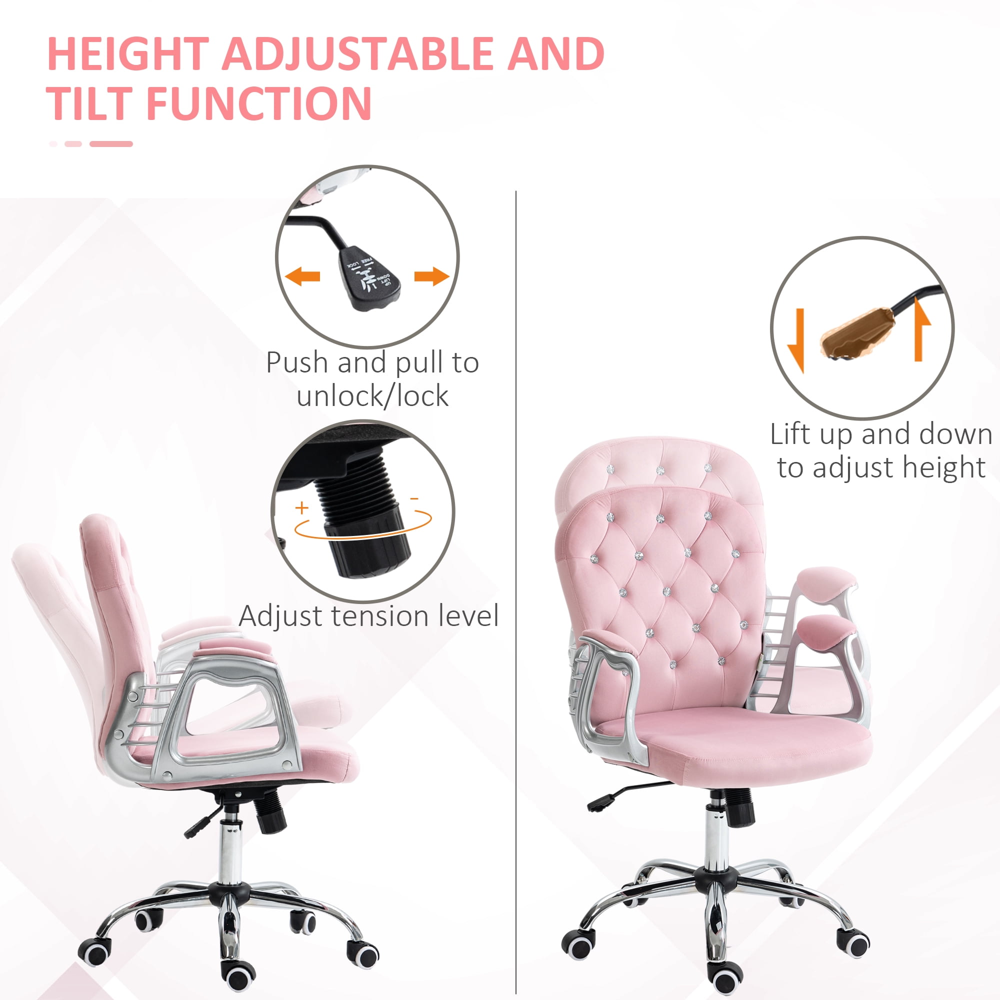 Vinsetto Velvet Office Chair, Button Tufted Desk Chair with Armrests, Pink