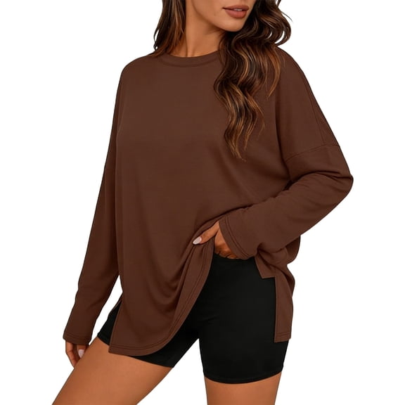 yillto Women's Oversized Long Sleeve Shirts Round Neck Solid Color Casual Tee Basic Workout Tops