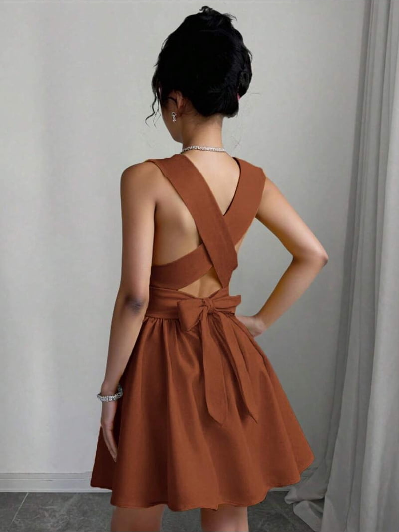 brown criss cross dress Coffee Women Sleeveless Criss-Cross V-Neck A-Line Mini For Party Date Wedding Guest Silk Satin Colors:Purple 788 Ideal for special occasions NPU-Deejay-202507 Off-the-shoulder Navy Blue Quinceanera