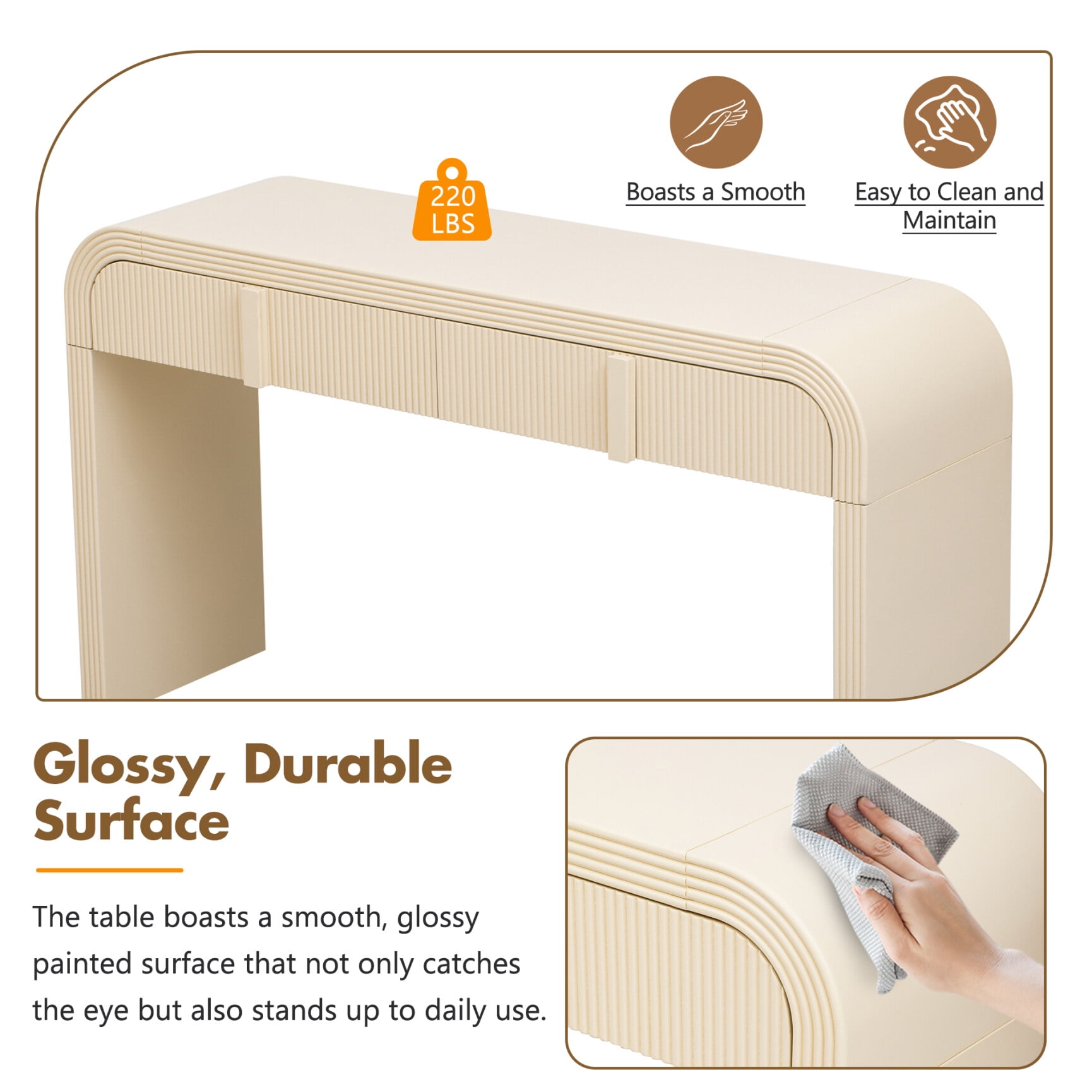 Smooth Surface Console Table, Unique Modern Rounded Silhouette  Table Console with 2 Drawers, Tall Console Table for Living Room and Entryway, Apricot Cream
