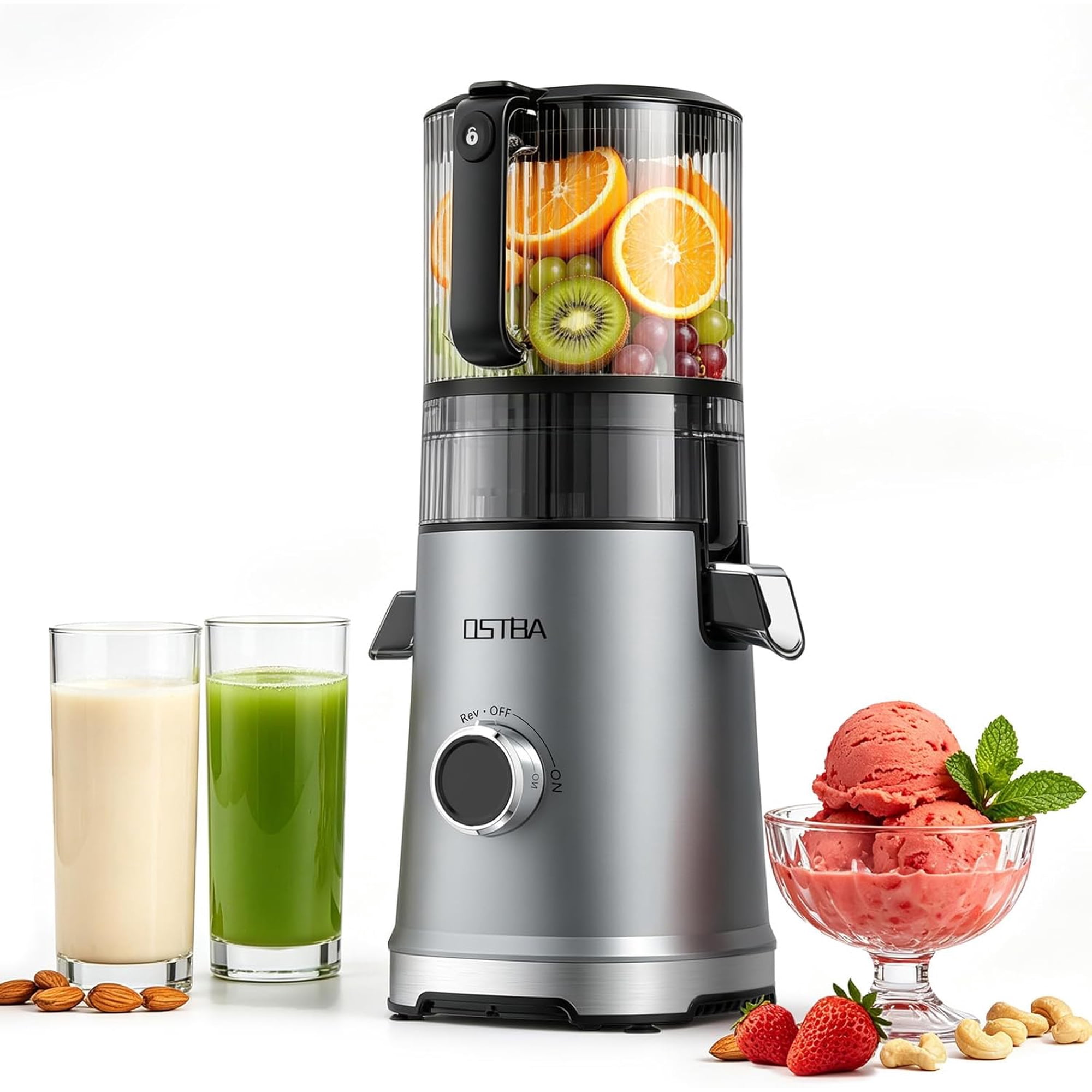 OSTBA Cold Press Juicer Machine, 6" Extra Large Feed Chute for Whole Fruits, 600W Slow Masticating Juicer, 3-in-1 for Fresh Juice, Sorbet & Nut Milk, Easy Clean Stainless Steel