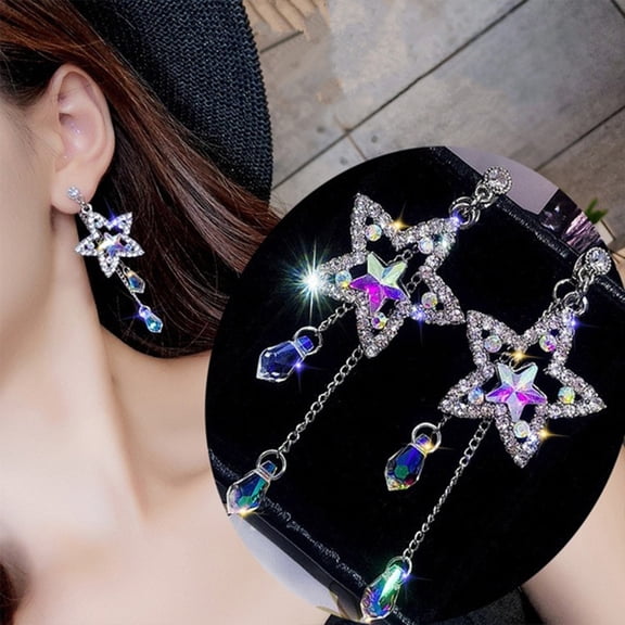 SmartBy Party Women Shiny Rhinestone Inlaid Star Long Tassel Drop Dangle Stud Earrings