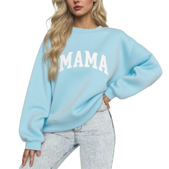 Uootdi Long Sleeve Shirt for Women Oversized Mama Letter Print Sweatshirts Crewneck Pullover Gift Casual Knit Graphic Mom Tops