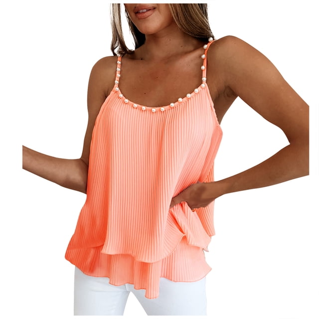 VEKDONE Débardeurs en Mousseline pour Femmes Été Sans Manches Col Rond Bretelles Spaghetti Débardeurs Couleur Unie Faux 2 Pcs Gilets Amples Rose X-Grand