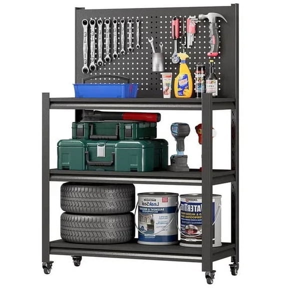 48.15" H Adjustable Workbench with Pegboard,3-Tier Heavy Duty Work Table with Wheels,Black Rolling Workshop Bench,Mobile Garage Workstation, Metal Tool Bench for Garage Warehouse Workshop