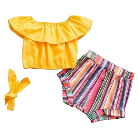

ZRBYWB Girls Clothes Sleeveless Ruffles Tops Stripe Print Shorts Romper Bodysuit Headbands Outfits