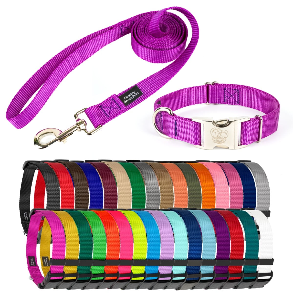 Country Brook Petz® Premium Nylon Dog Collar and Leash Set for Small Medium Large Dogs (Extra Large 1 Inch Bright Purple)