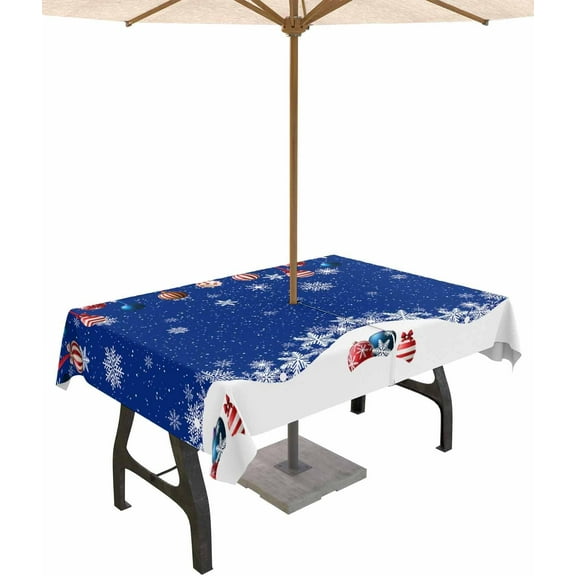 Christmas Tablecloth with Umbrella Hole and Zipper Christmas Balls Rectangle Outdoor Tablecloths 60x84 Table Cloths Snowflakes Blue Patio Table Cloth Cover for Holiday Party Yard Garden Cafe