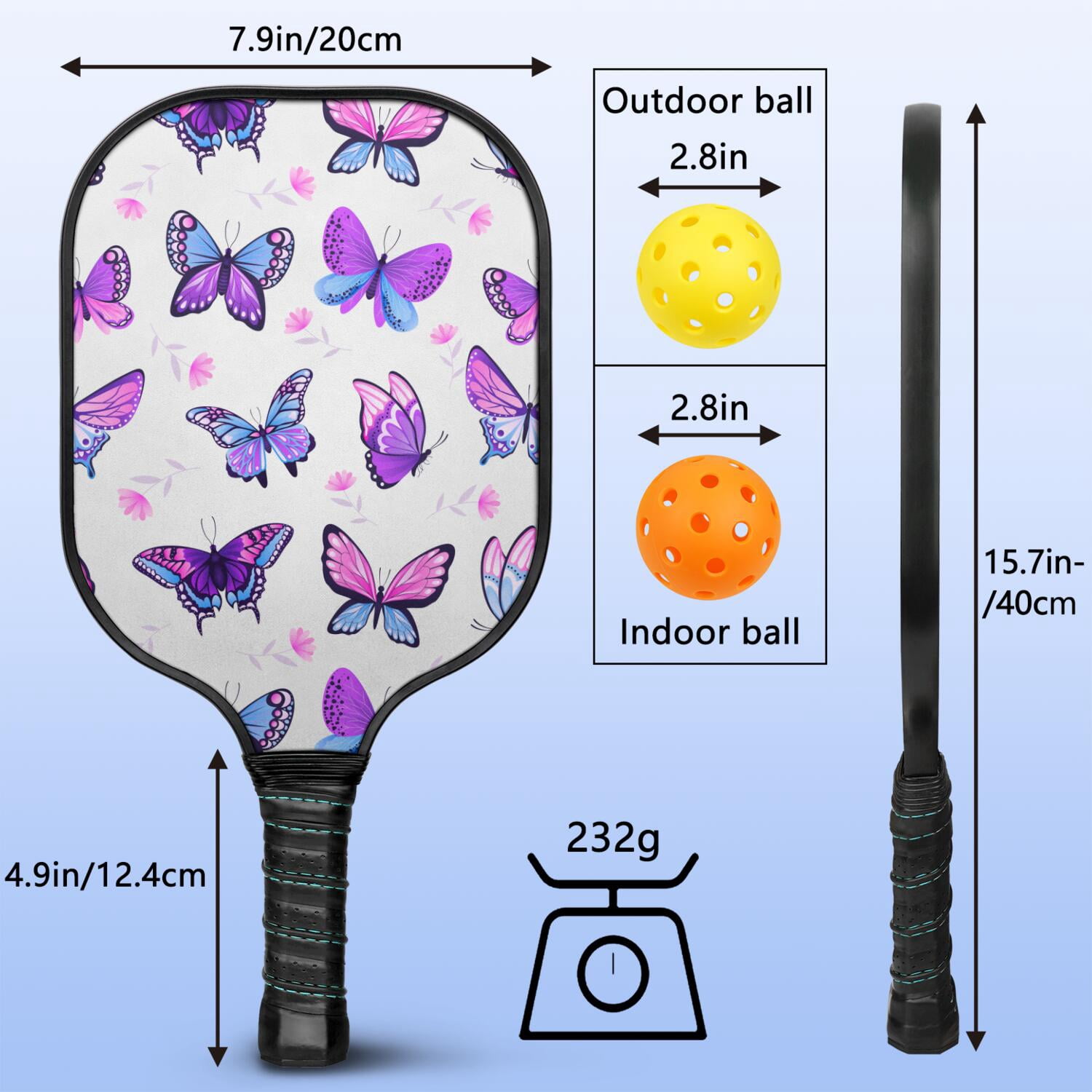 Pickleball Paddles Set Of 2, Fiberglass Surface, Vintage Floral & Butterfly, 4 Balls & Bag