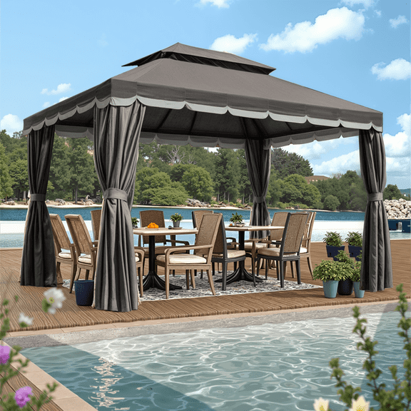 Grezone 10×13 FT Deluxe No Screws Gazebo,Double Roof Outdoor Shelter Tent with Mosquito Nettings and Privacy Screens