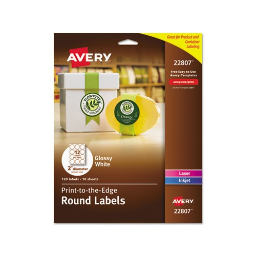 Print-to-the Edge Labels w/ Sure Feed & Easy Peel 2" dia, Glossy White, 120/PK
