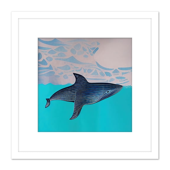 Blue Whale Peaceful Ocean Watercolour Pattern Sky Square Wooden Framed Wall Art Print Picture 8X8 Inch