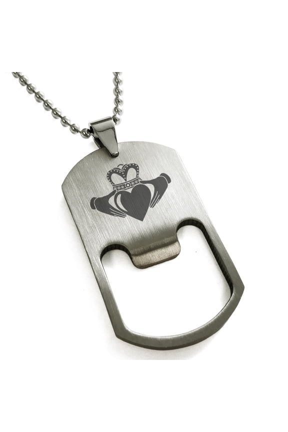 Stainless Steel Celtic Claddagh Unity Engraved Bottle Opener Dog Tag Pendant Necklace