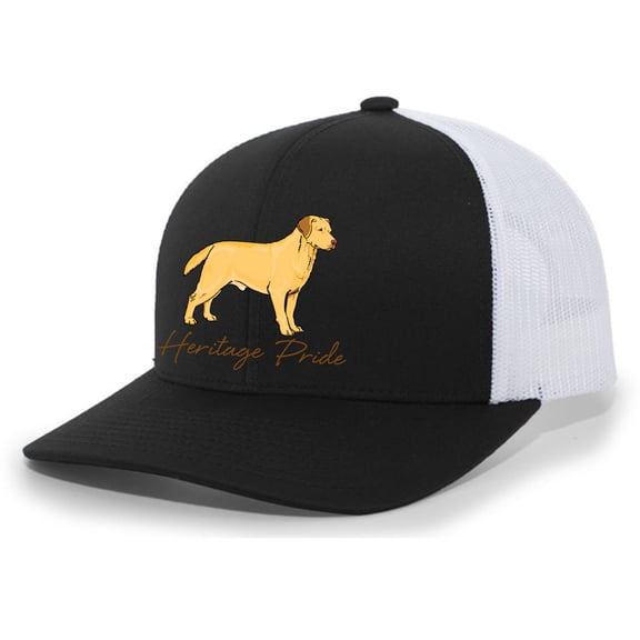 Heritage Pride Canine Collection Yellow Lab Labrador Retriever Hunting Dog Mens Embroidered Mesh Back Trucker Hat, Black/White