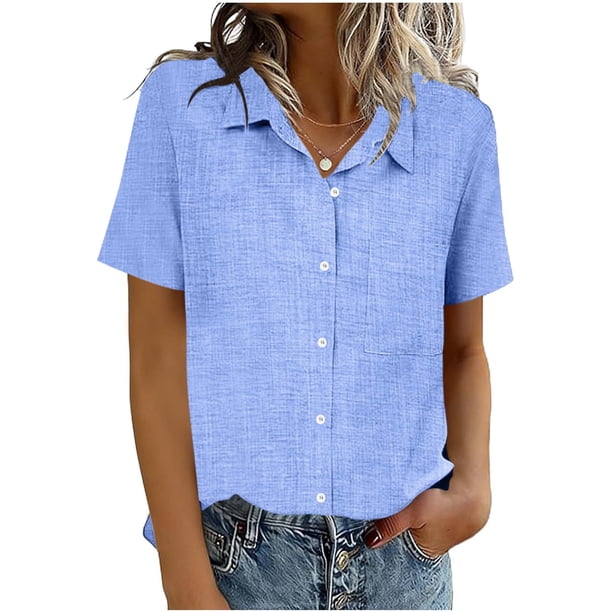 Mujeres Manga Corta Tops Casual Color Sólido Bolsillo Manga Corta Blusa Botón Arriba Cuello de Giro Casual Blusas de Manga Corta para Mujeres