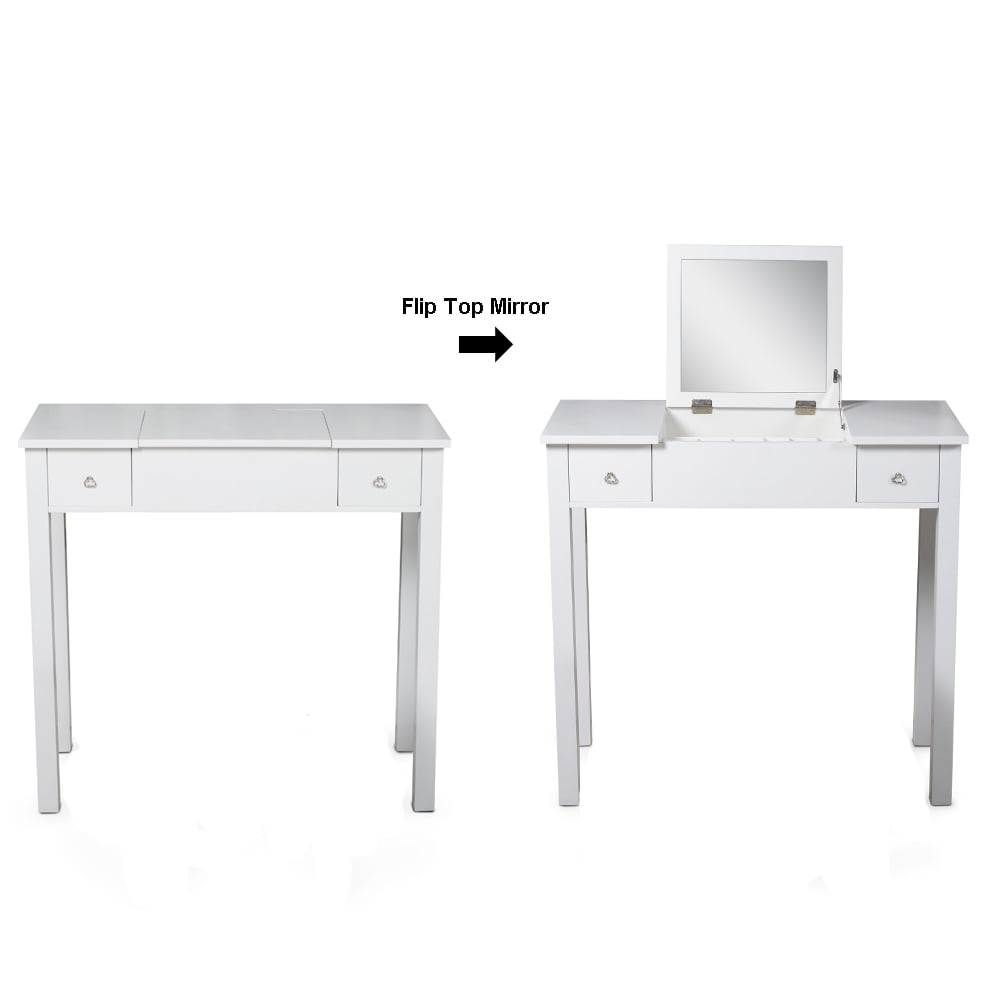Organizedlife White Vanity Table Jewelry Storage Makeup Desk With Dressing Mirror And Drawer