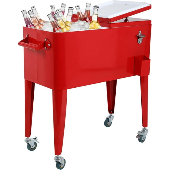 80 Quart Rolling Cart Ice Chest,Portable Bar Drink Cooler with Bottle Opener, Catch Basin,Rolling Ice Chest for Patio Party BBQ Beach Activities
