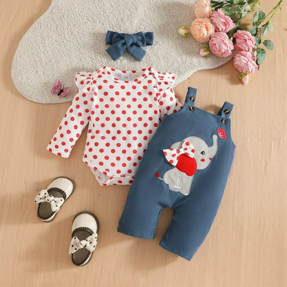 Baby Girls Long Sleeve Romper Floral Two Pieces Bow Jumpsuits and Headband Set Red A 3-6 Months