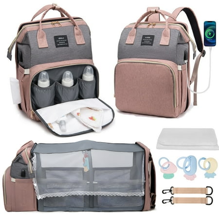 JUUTREN Baby Diaper Bag Backpack, Large Capacity Pamper Bags with Foldable Changing Station, Diaper Bag Organizing Pouches, Multifunctional Travel Back Pack for Moms and Dads, USB Charging Port