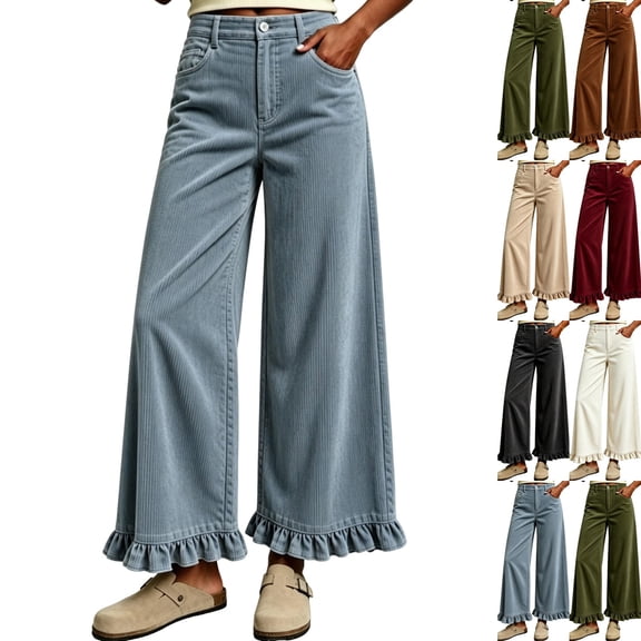 Women's Ruffle Hem Wide Leg Jeans Elastic Waist Corduroy Pants Baggy Palazzo Pants with Pockets Blue S