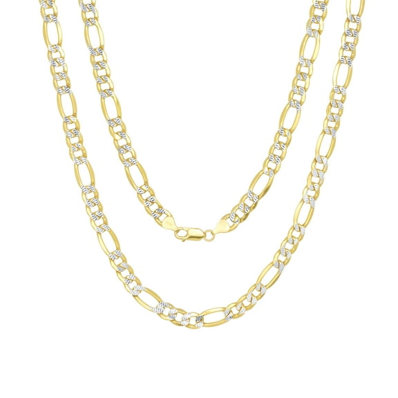 Nuragold 10k Real Yellow Gold Solid Figaro Link 7.5mm Diamond Cut Pave Chain Necklace (20"-30") Two Tone Italian Jewelry for Men
