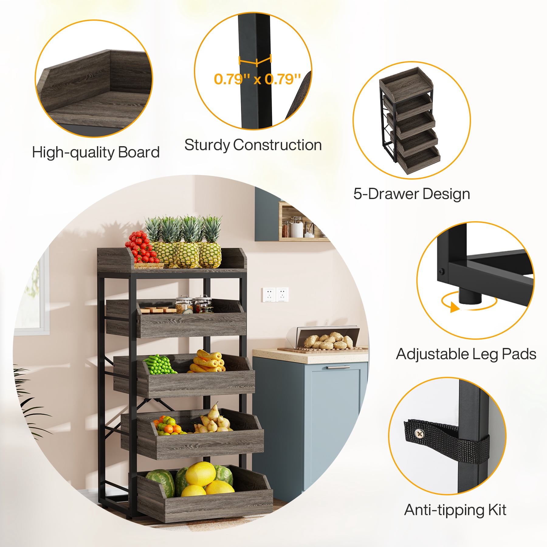 Fnova 46" 5-Tier Wood Storage Rack, Pull-Out Snack Stand Fruit Vegetable Basket Stand, Shelf Organizer with Heavy-Duty Metal Frame for Kitchen, Living Room, Bedroom