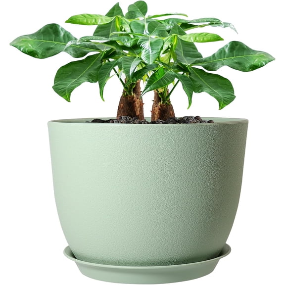 12inch Large Plant Pot, Modern Plastic Planter with High Driange Holes and Saucer for Indoor Outdoor Garden Plants and Flowers, Green