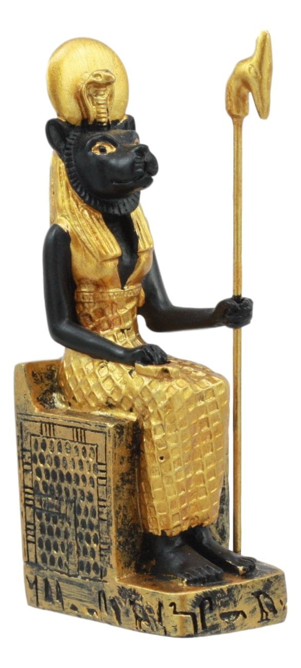 Polyresin Egyptian Solar Lioness Goddess Sekhmet On Throne Mini Statue 3.25"H 