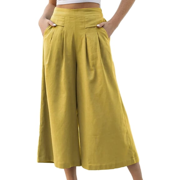 Linen Pants For Women, Elastic Waist Wide Leg Capri Pants, Loose Casual Daily Bottoms With Convenient Pockets