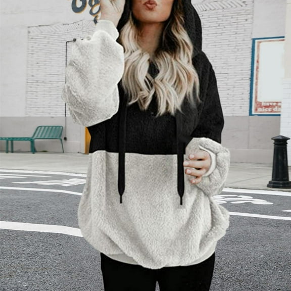 Baqcunre Hoodies For Women Splicing Sweatshirt Half Zipper Rope Hooded Double Fleece Sweatshirt Pullover Jacket Ladies Hooded Sweatshirt Womens Jacket Womens Fall Tops Black L