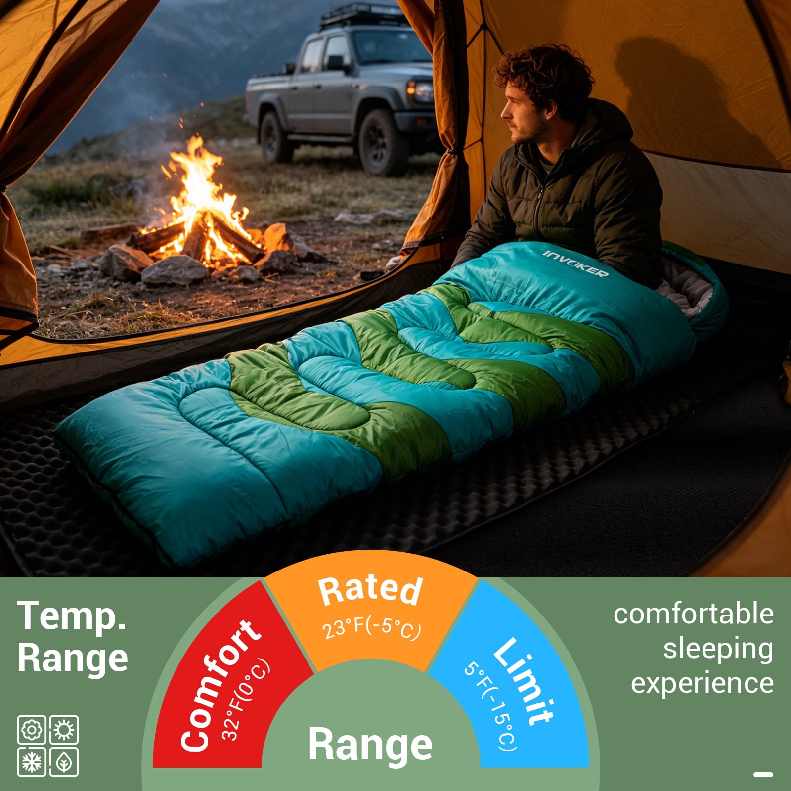 Invoker Sleeping Bag for Adults Kids, Warm & Cool Weather 3-4 Season, 23℉Camping Sleeping Bag, Waterproof Portable Backpacking Hiking Outdoors