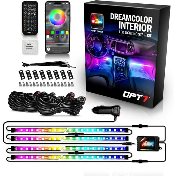 OPT7 Aura DreamColor RGB-IC LED Car Interior Light Strips, 4PC Interior Ambient Lighting Kit, Color Chasing Light Kit w/APP Control & Wireless Remote, Universal for Vehicles SUV Trucks Pickups Van