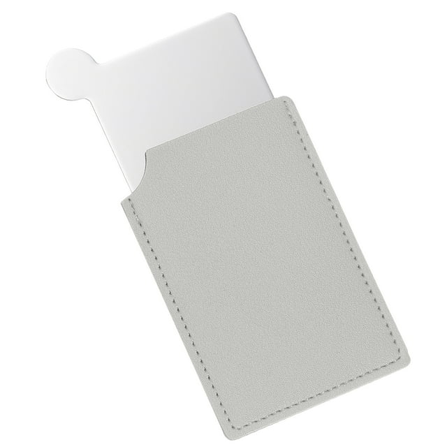 Espejo de bolsillo Uxcell de acero inoxidable irrompible, espejo compacto de maquillaje con funda de cuero PU (gris, 2.5 x 3.66")