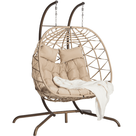 LEGAHOME 2-Person Wicker Egg Chair, Double Rattan Egg Chair with Stand and Removable Cushion, Outdoor Indoor Swing Hammock Chair Hanging Basket Chair for Patio Balcony Porch, Khaki