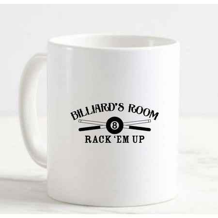 

Coffee Mug Billiards Room Rack Em Up Crossed Cue Sticks Eight Ball White Cup Funny Gifts for work office him her