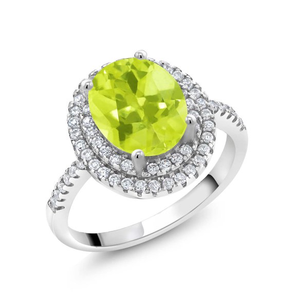 Gem Stone King 925 Sterling Silver Halo Engagement Ring Oval Yellow Lemon Quartz and Moissanite (2.08 Cttw) | Size 9