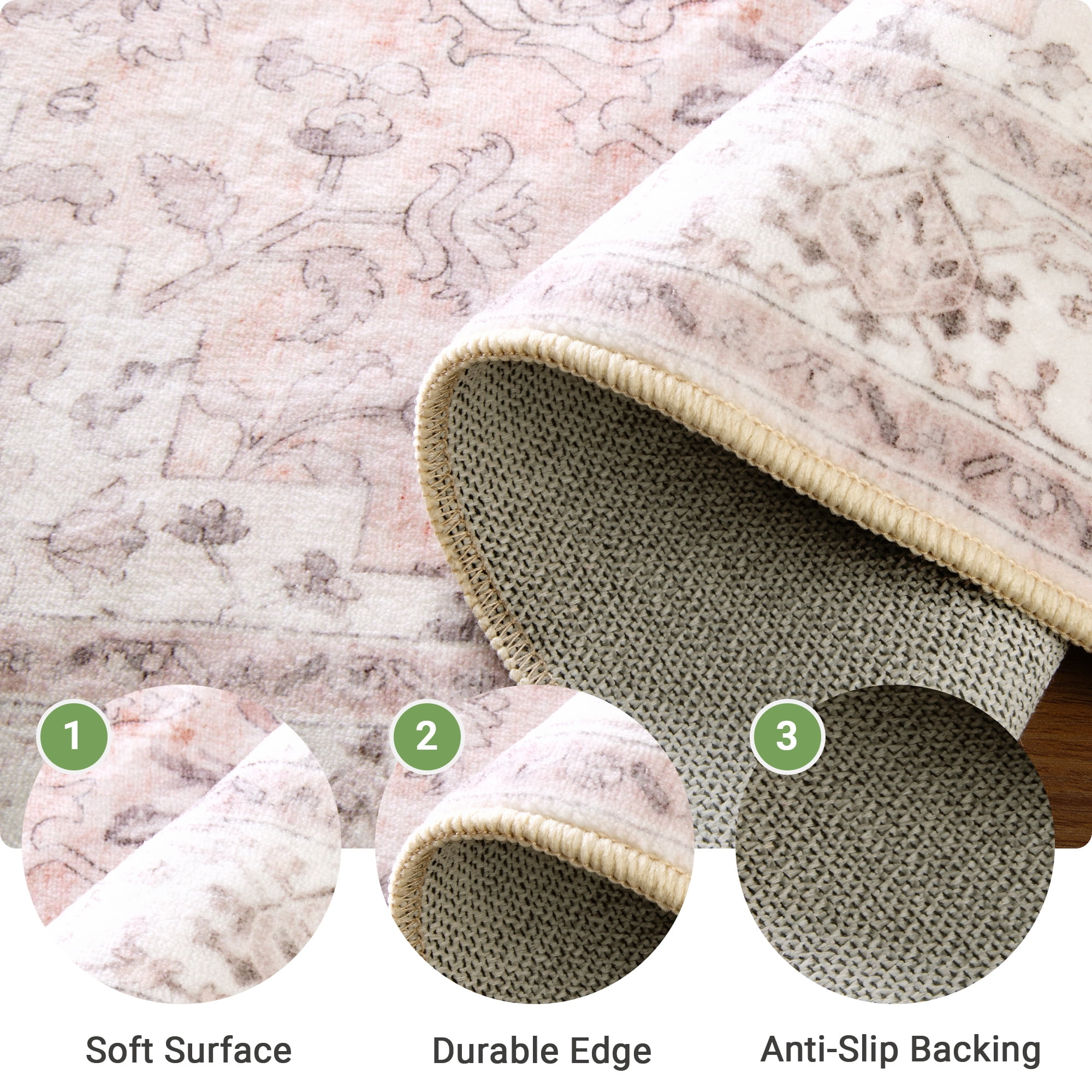 NewBuros 6'x9' Area Rugs, Machine Washable Non Slip Rugs for Living Room, Low Pile Water Repellent Soft Vintage Print Pattern Bedroom Carpet, Pink