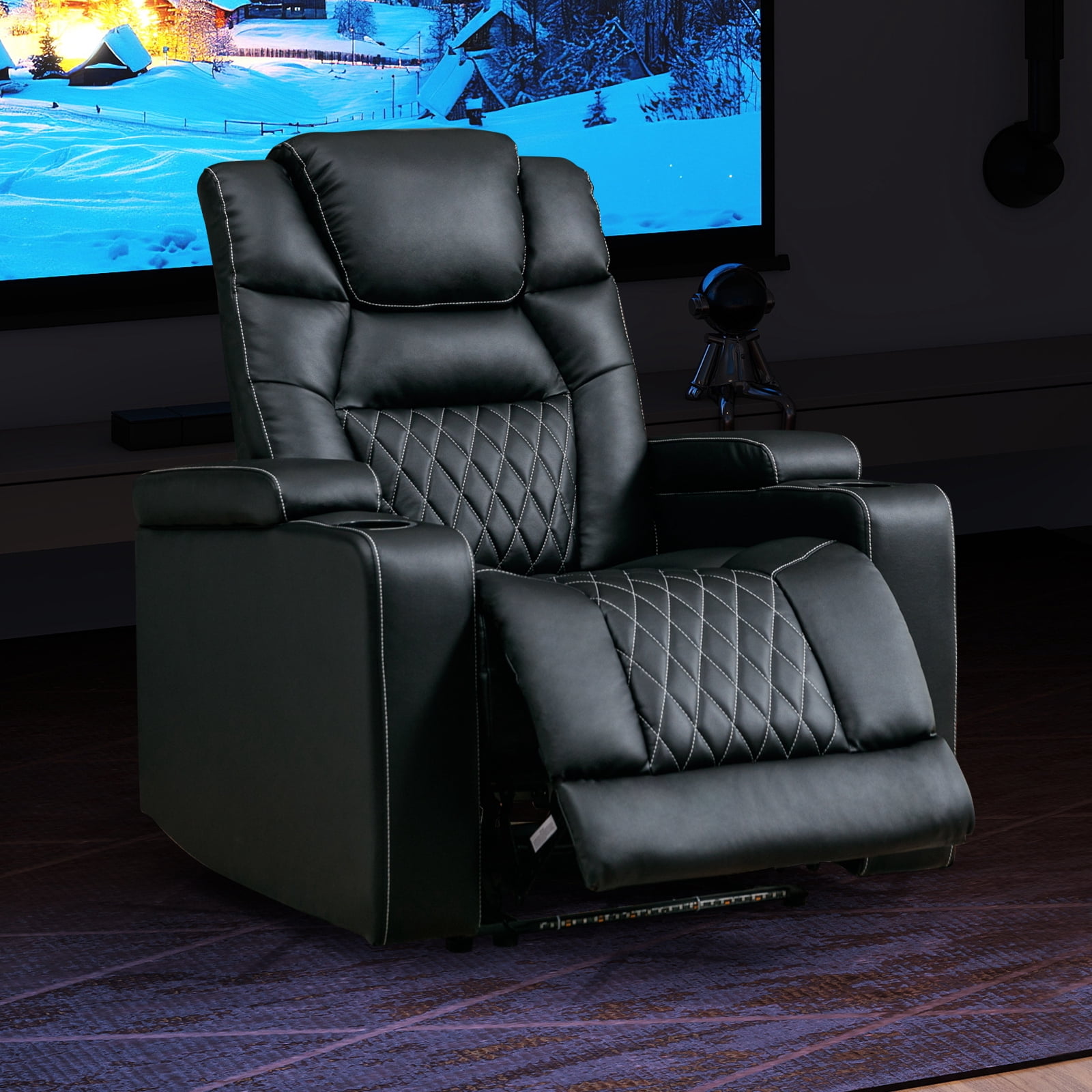 Bonzy Home Electric Power Recliner Reclining Chair with USB Ports and Cup Holders, Home Theater Seating with LED Light Movie & Media Room Chairs