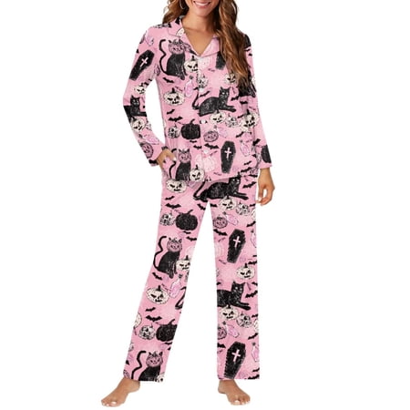 HUIACONG Halloween Pajamas Women Pink Halloween Black Cat Pumpkin Print Notch Collar Button Front Long Sleeve Dual Pockets Elastic Waist Loungewear for Home Relaxation