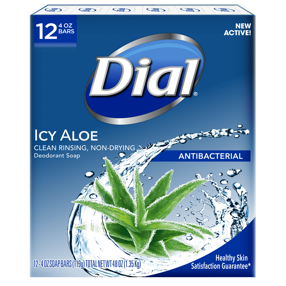Dial Antibacterial Deodorant Bar Soap, Icy Aloe, 4 Ounce, 12 Bars