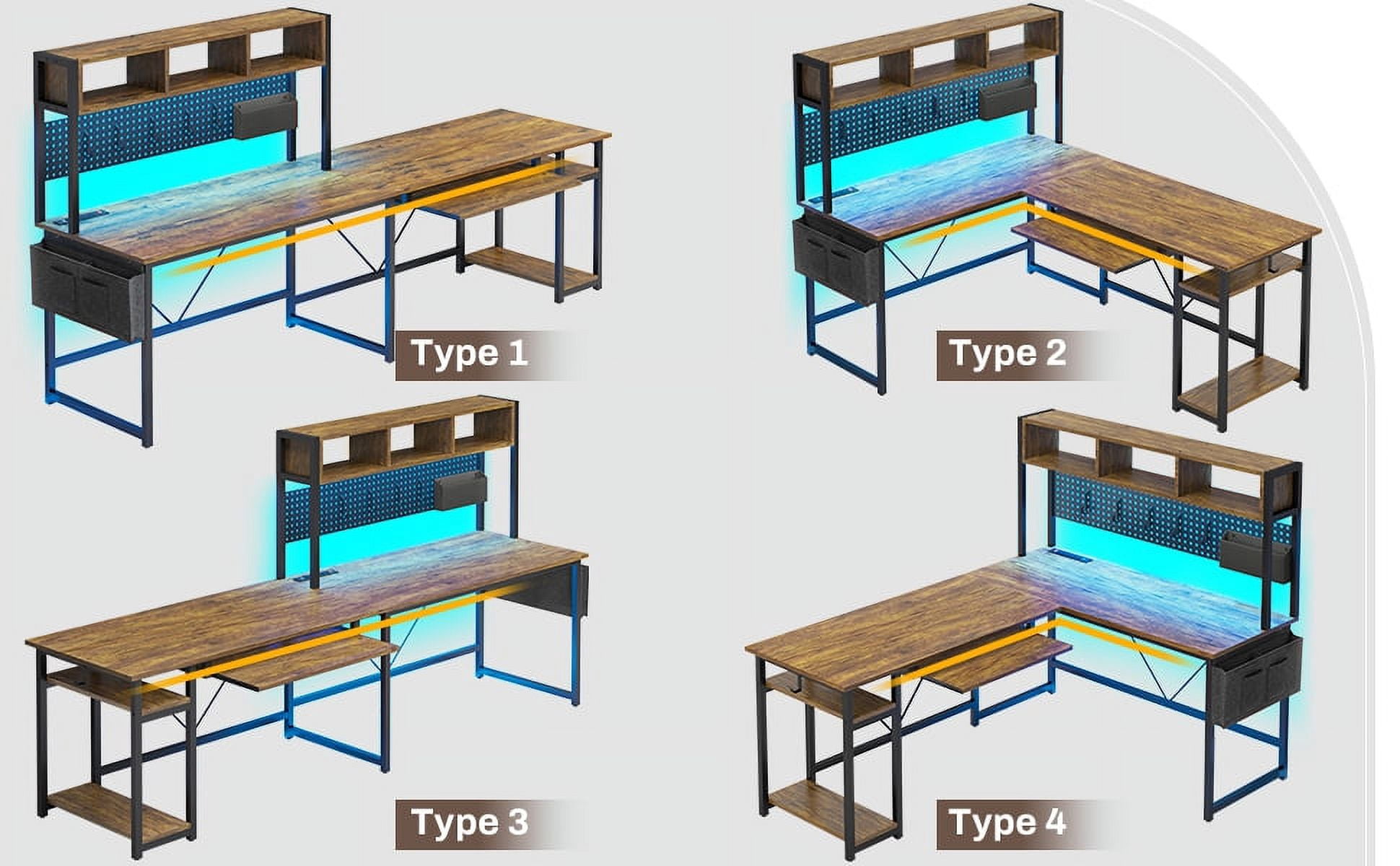 L-Shaped Office Desk with LED Lights & Charging Station, Reversible Computer Desk with Storage Shelf & Pegboard for Bedroom Study Writing, Rutic Brown